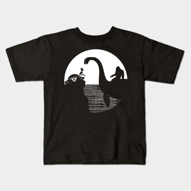 Bigfoot Riding Loch Ness Monster Kids T-Shirt by Tesszero